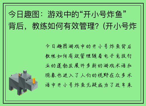 今日趣图：游戏中的“开小号炸鱼”背后，教练如何有效管理？(开小号炸鱼什么意思)
