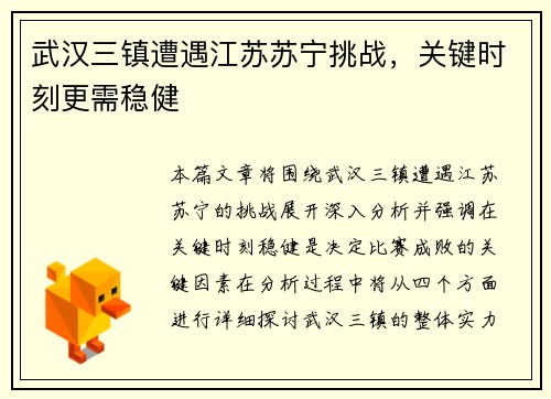 武汉三镇遭遇江苏苏宁挑战，关键时刻更需稳健