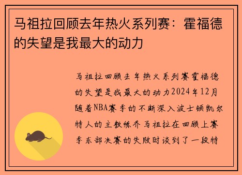 马祖拉回顾去年热火系列赛：霍福德的失望是我最大的动力