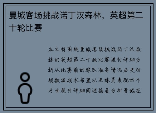 曼城客场挑战诺丁汉森林，英超第二十轮比赛